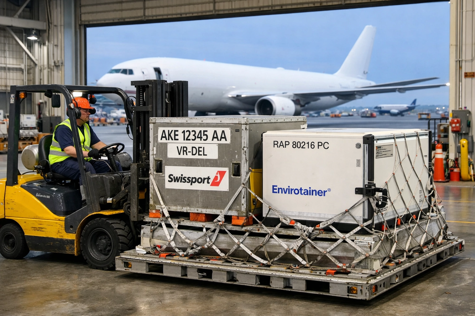 Manchester air cargo facility with forklift loading freight containers
