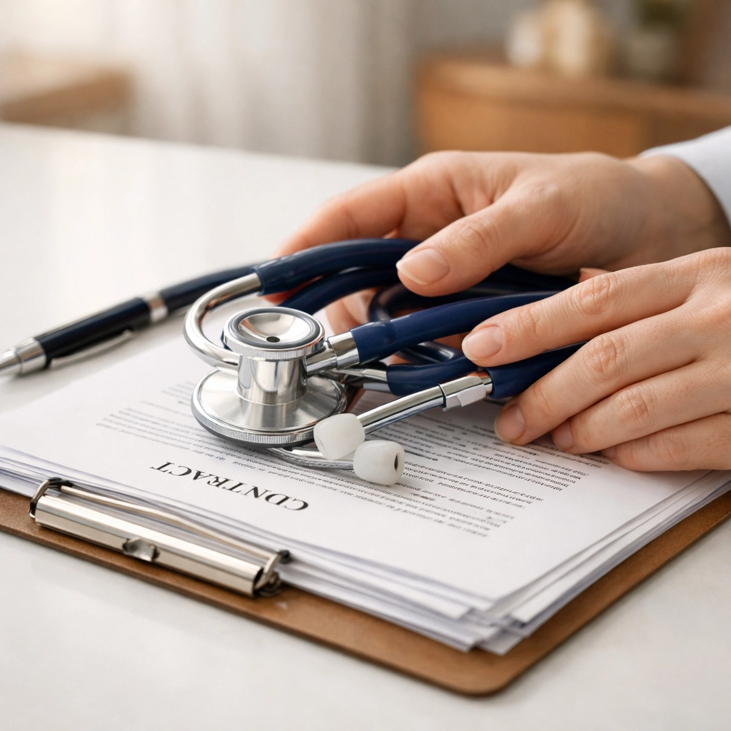 Medical stethoscope on legal documents representing healthcare and notary services