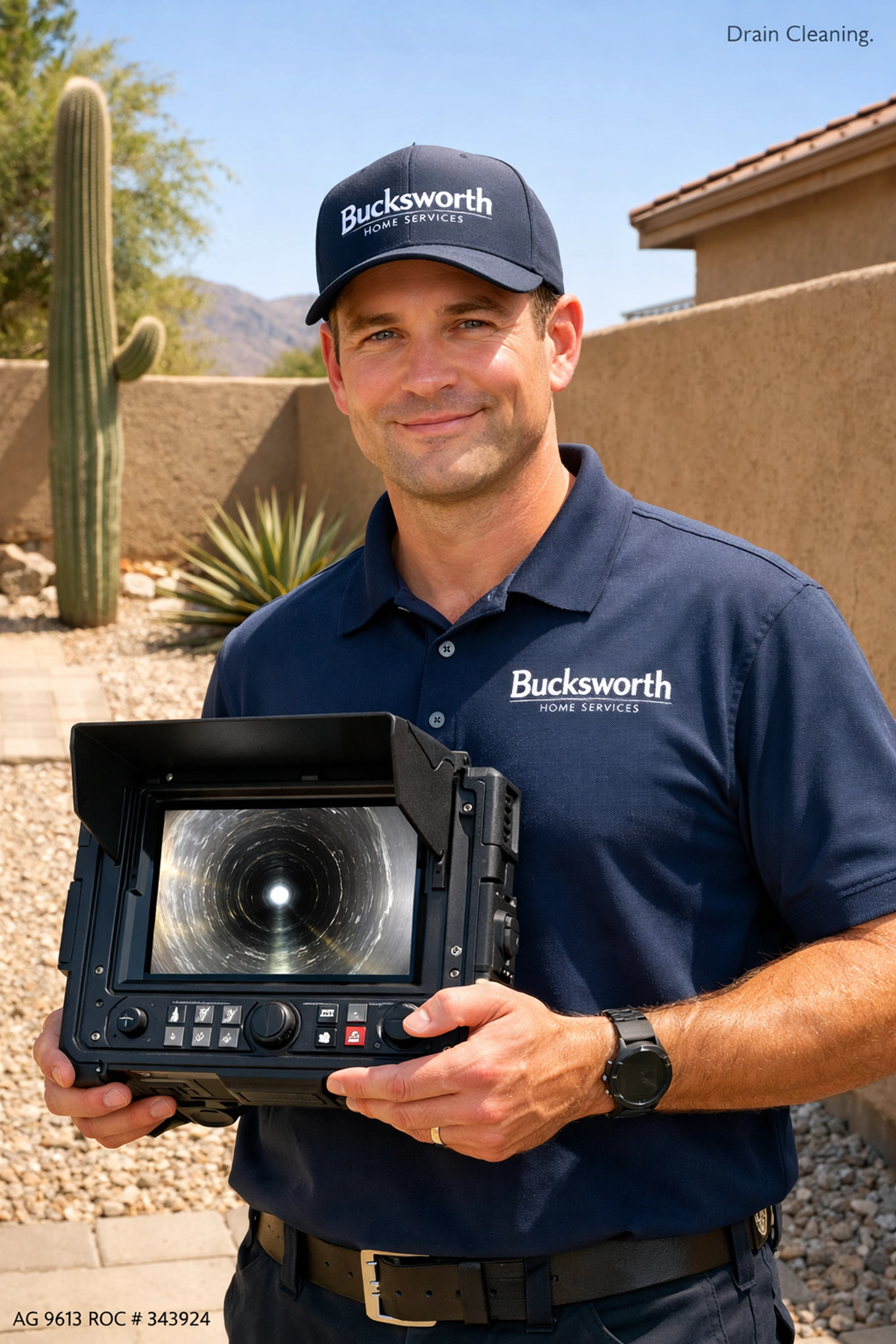 Bucksworth technician performing a high-definition plumbing camera inspection in Ahwatukee AZ.