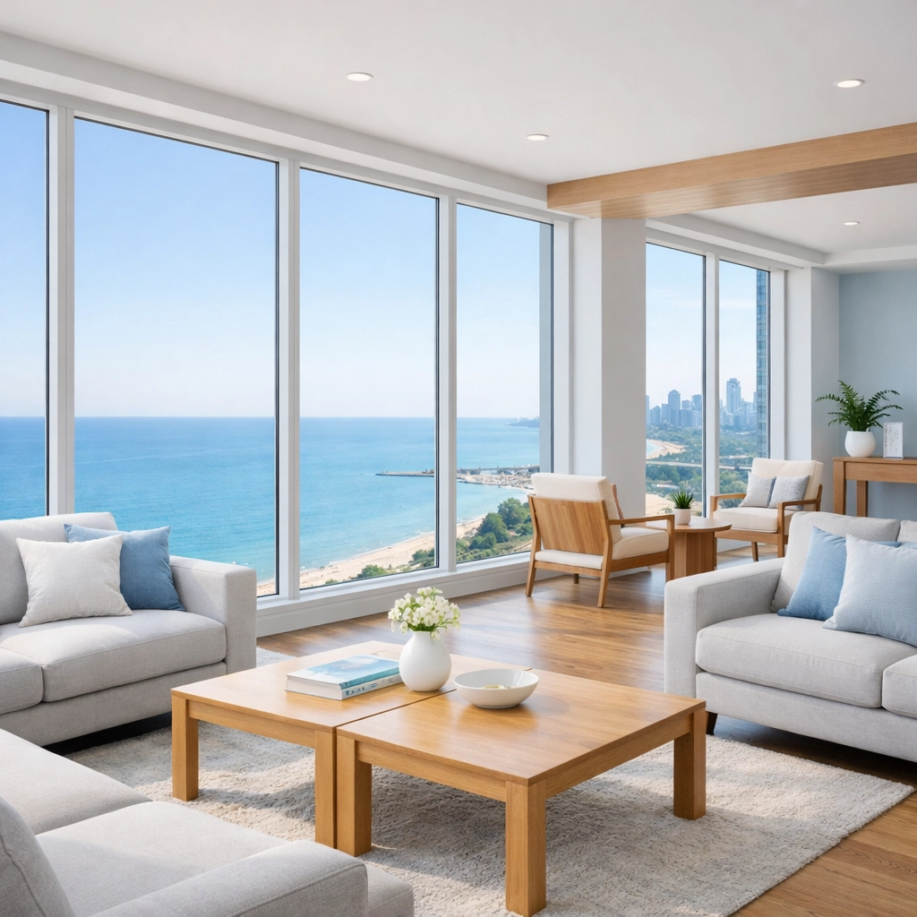 Clean Chicago high-rise tenant lounge with dust-free furniture and Lake Michigan views.