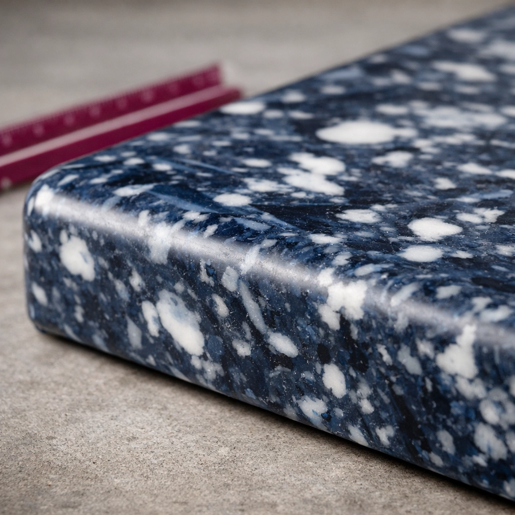 Close-up of a 40mm thick navy and white marbled recycled plastic panel with a smooth bullnose edge.