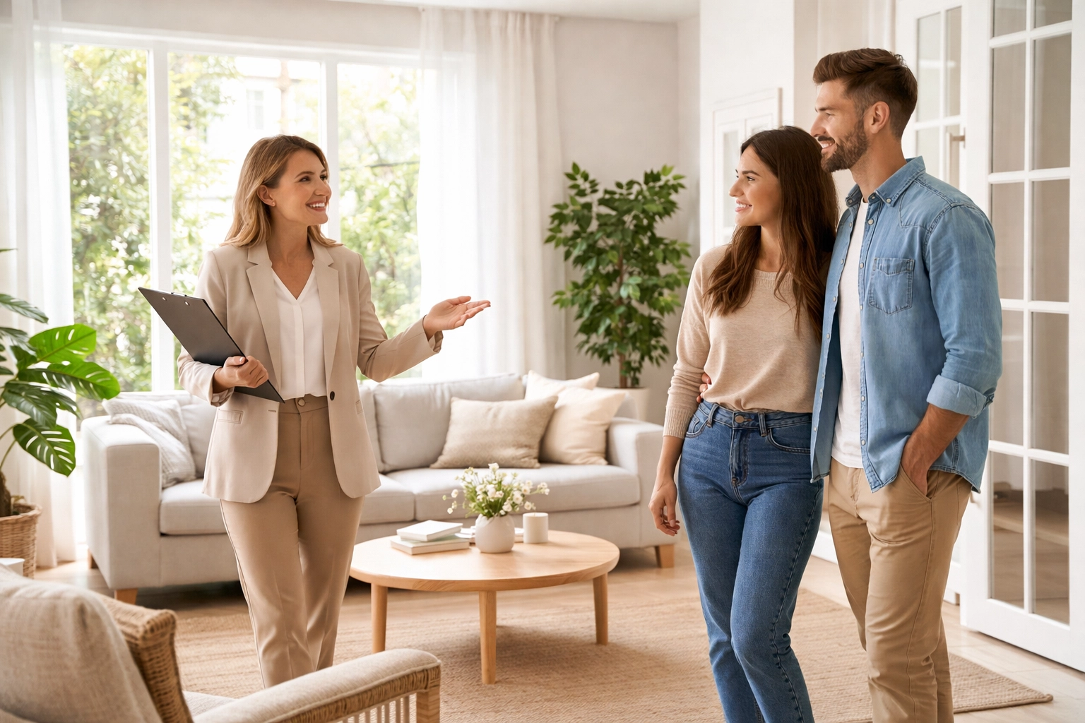 Real estate agent guiding young couple through staged home to explore selling options
