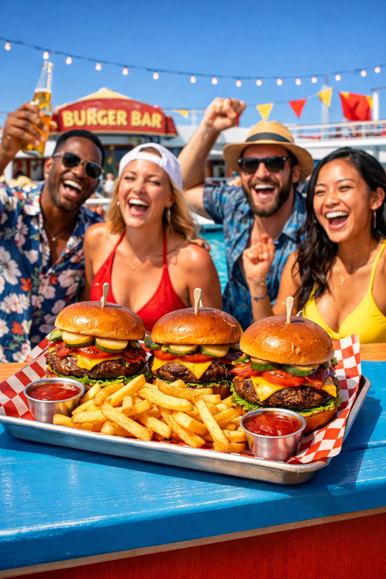 Friends enjoying burgers at Guy's Burger Joint on a Carnival Cruise Line ship deck.