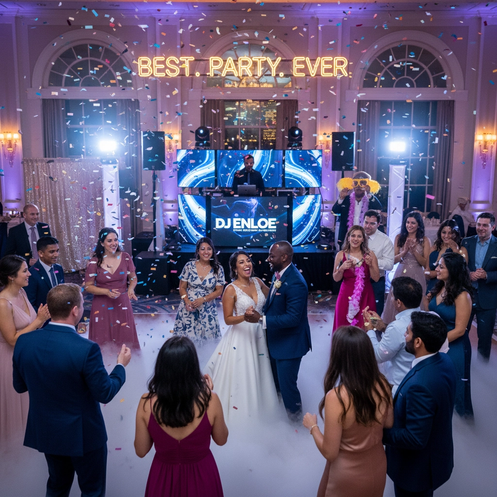 Bride and groom dance amid cheering guests and confetti. Neon sign reads “Best. Party. Ever.” DJ Enloe on stage, vibrant party vibe.