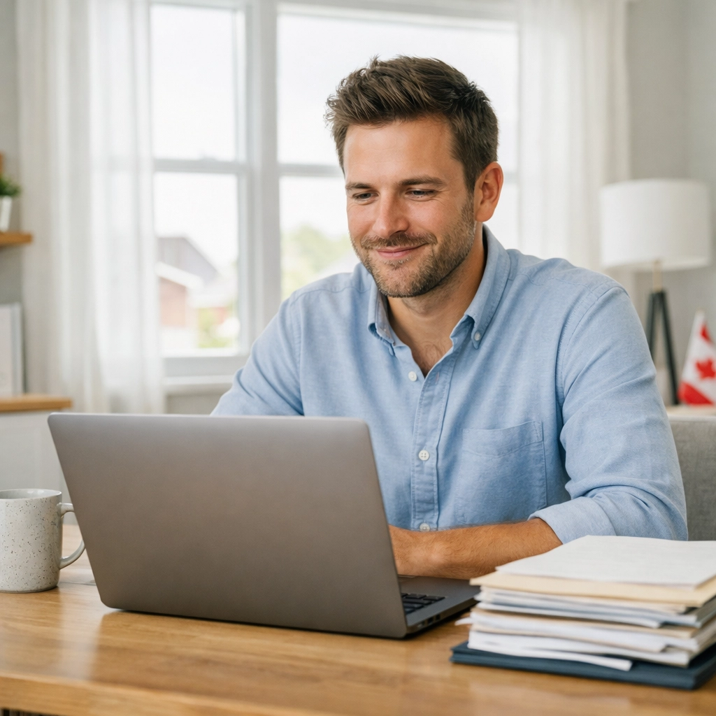Relieved man at a desk managing a debt consolidation loan in a bright Canadian home office.