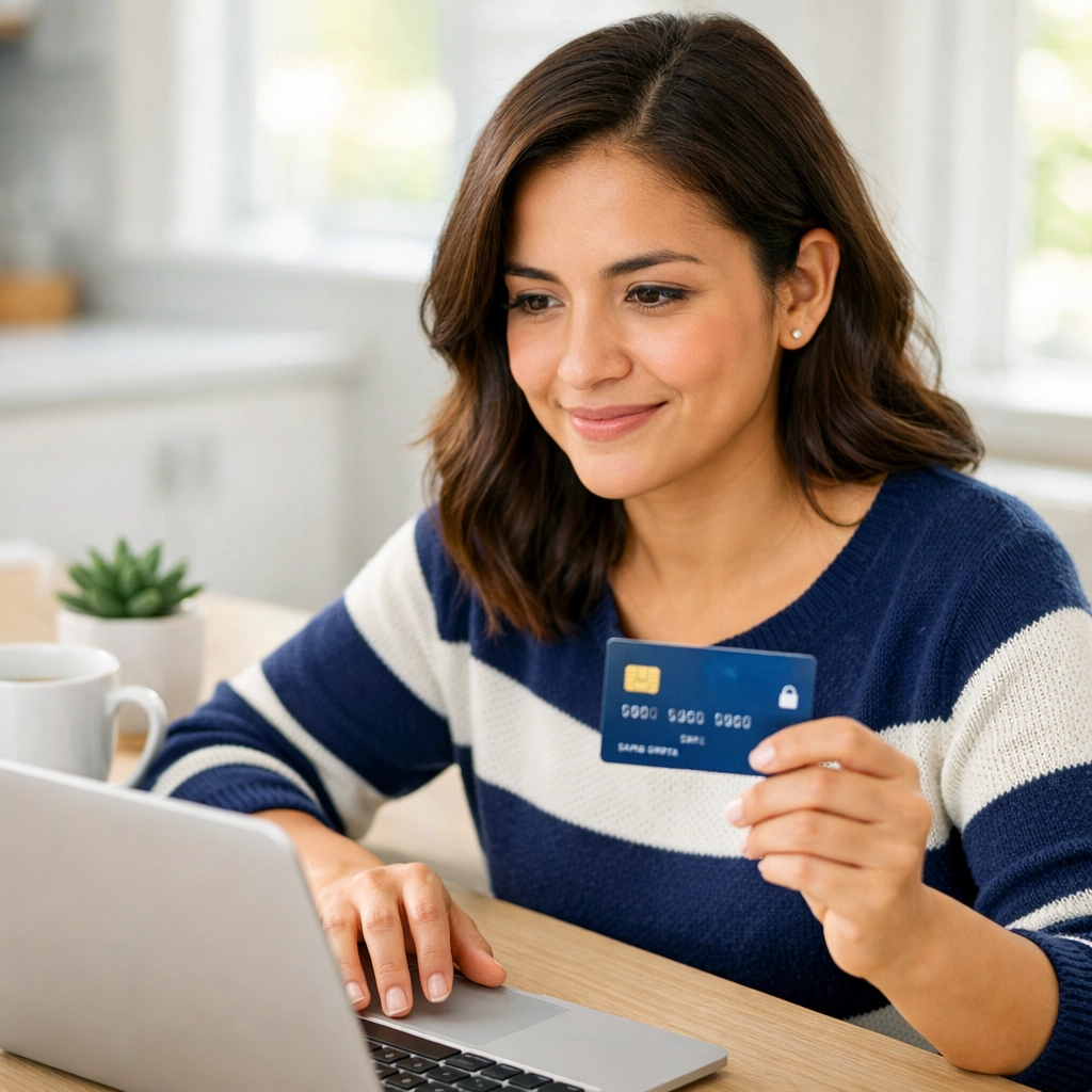 Woman reviewing secured credit card options online to build credit in Clear Lake