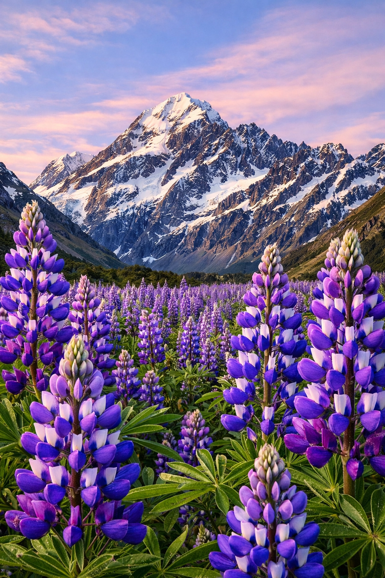Lupine flowers in the foreground creating depth to fix landscape photography mistakes.