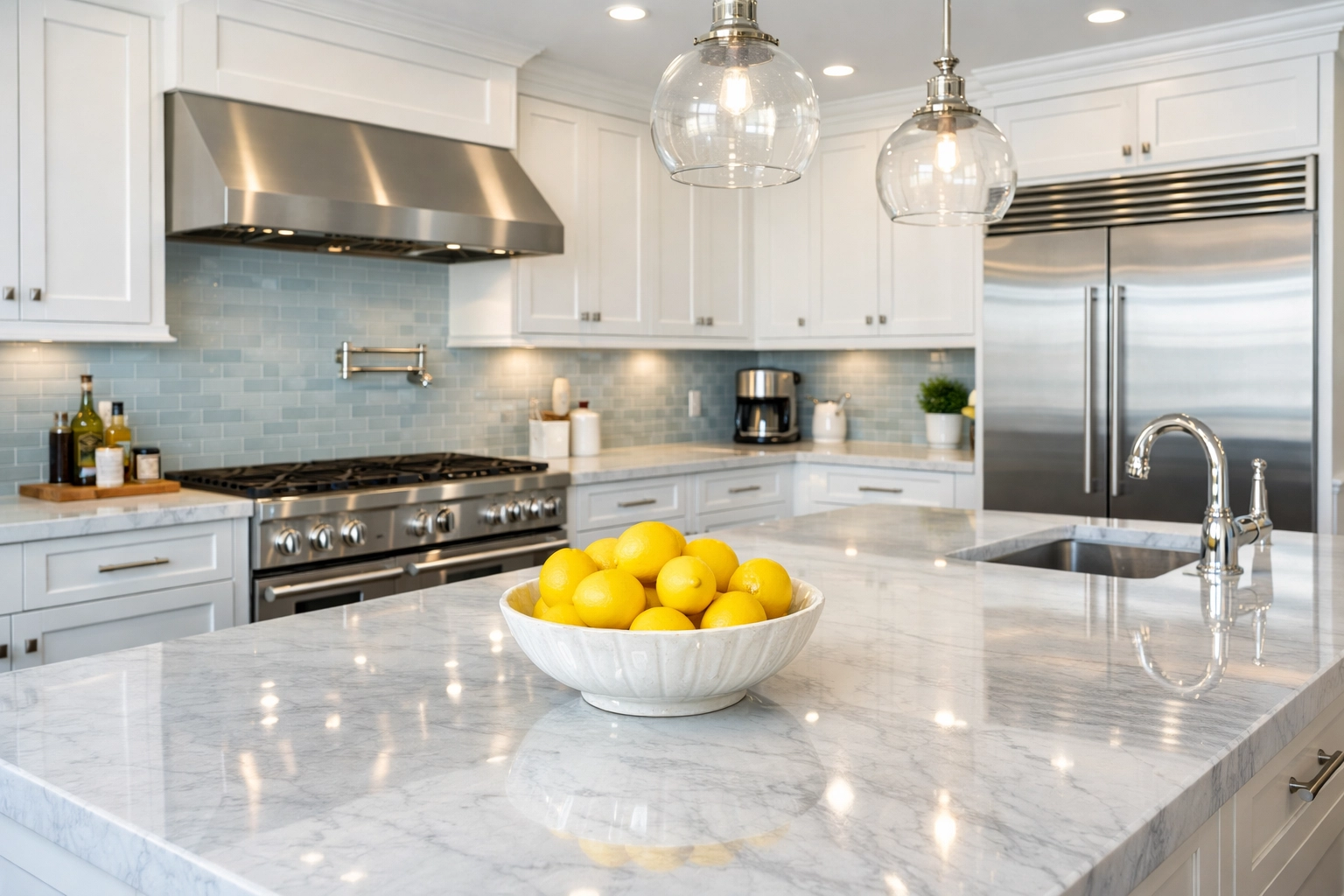 Professionally cleaned gourmet kitchen with marble countertops, ready for a Lunenburg home showing.