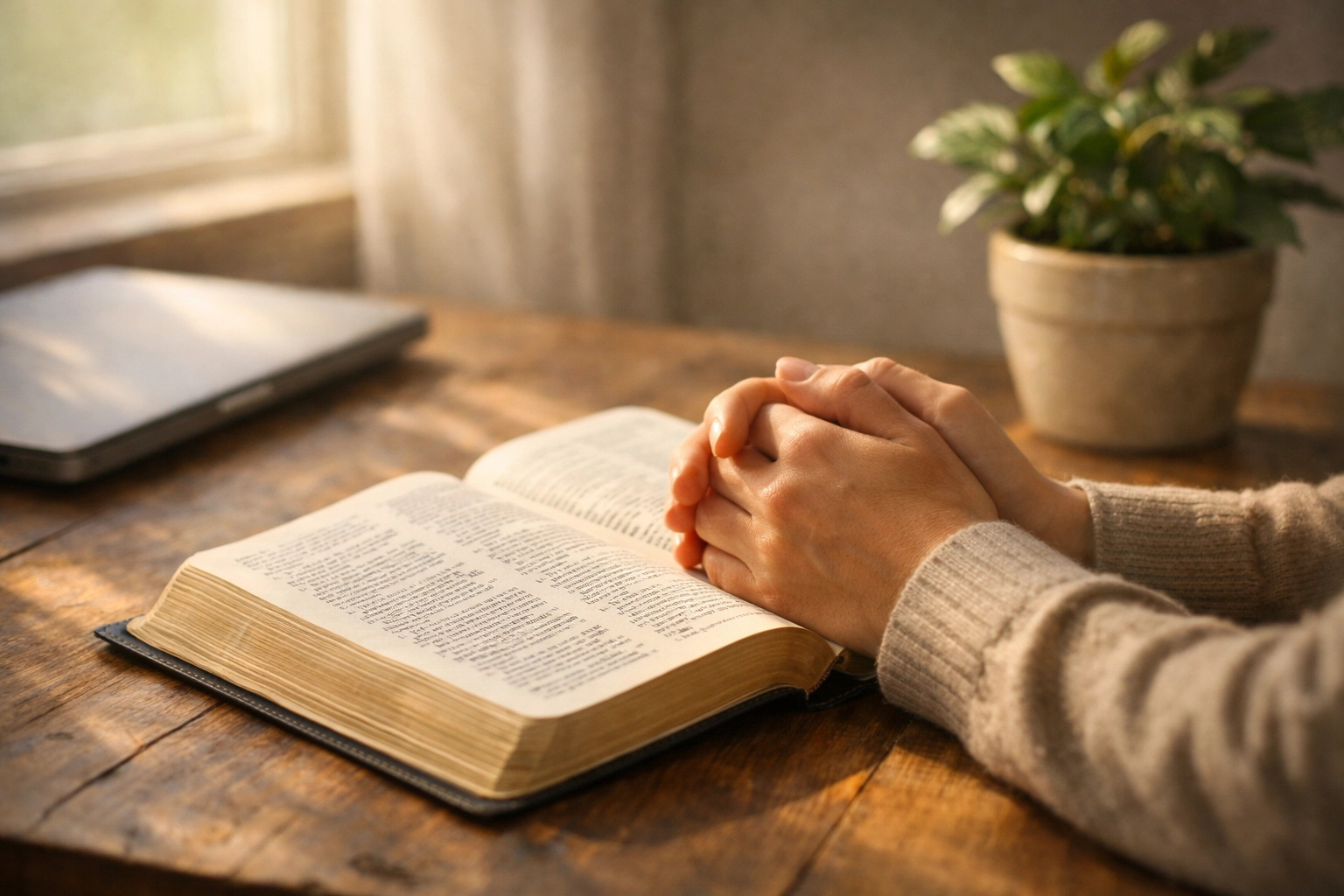 Hands resting on open Bible in prayer with laptop set aside on wooden table