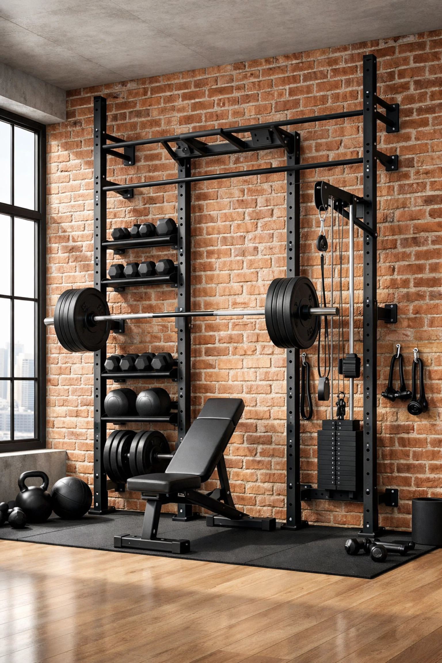 Sleek floor to ceiling gym rail providing a versatile home gym workout system.