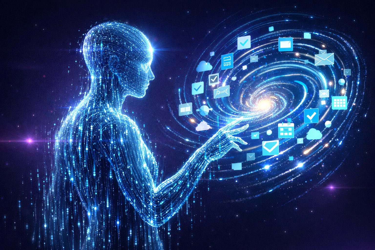 An AI agent silhouette organizing data streams to automate tasks and increase business efficiency.