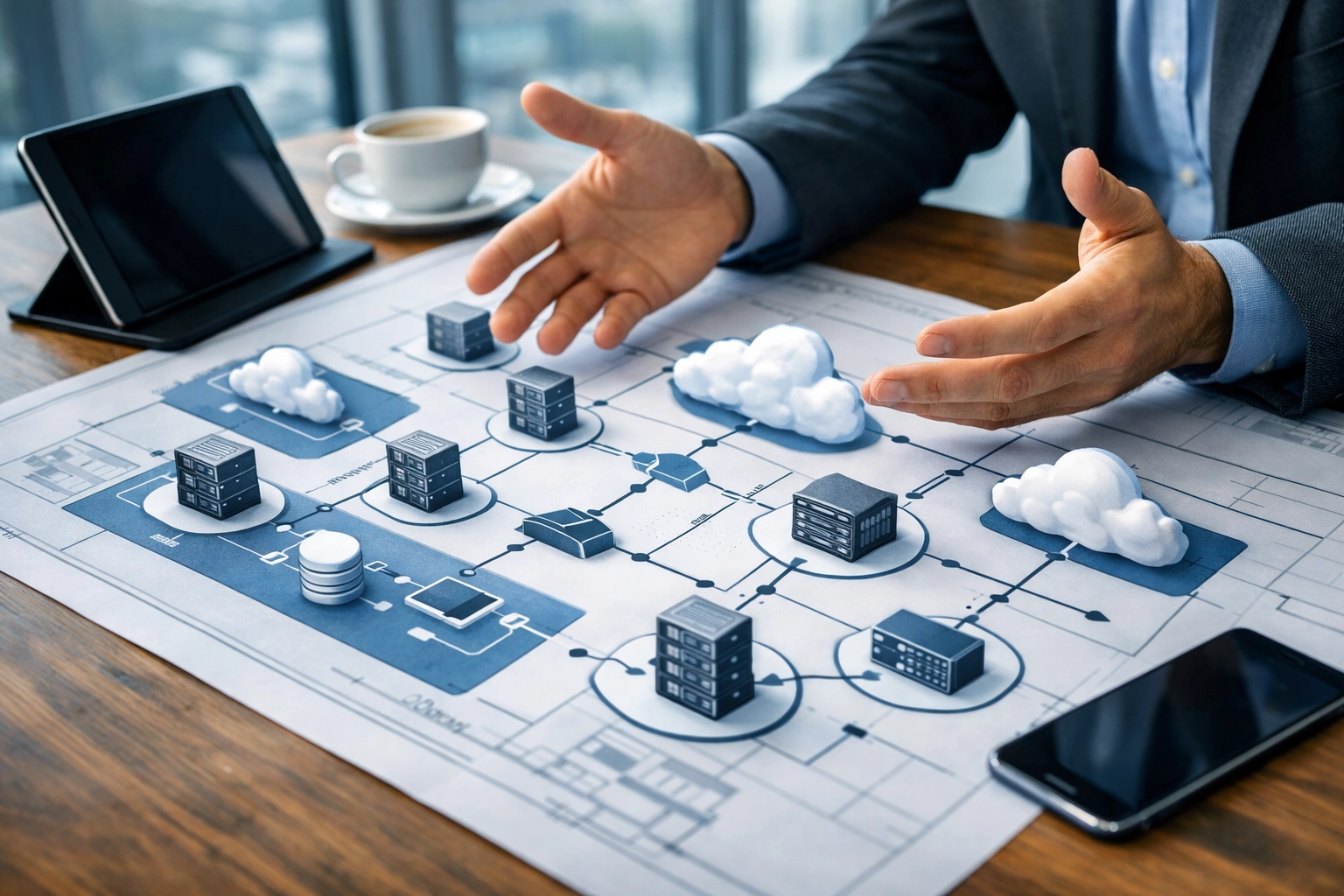 IT consultant reviewing hybrid infrastructure network diagram for business technology strategy
