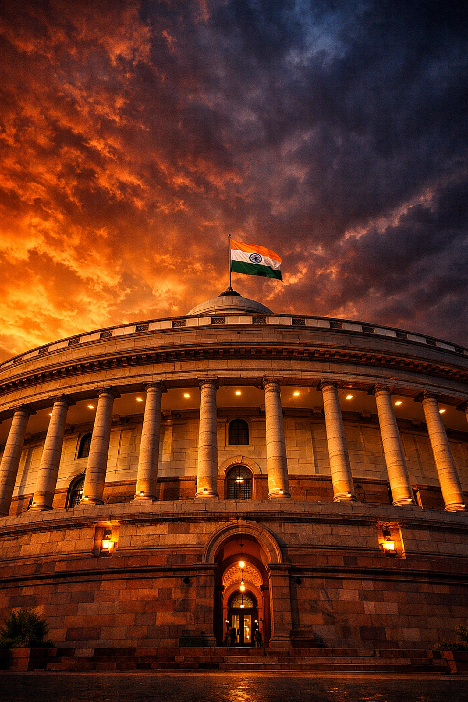 The Indian Parliament building at sunset symbolizing major shifts in Indian politics news.