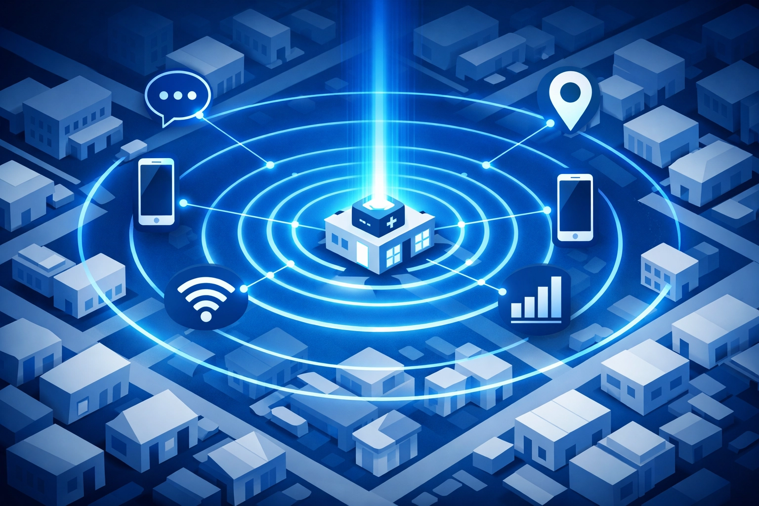 Digital map showing a clinic emitting signals to mobile devices, representing local search authority.