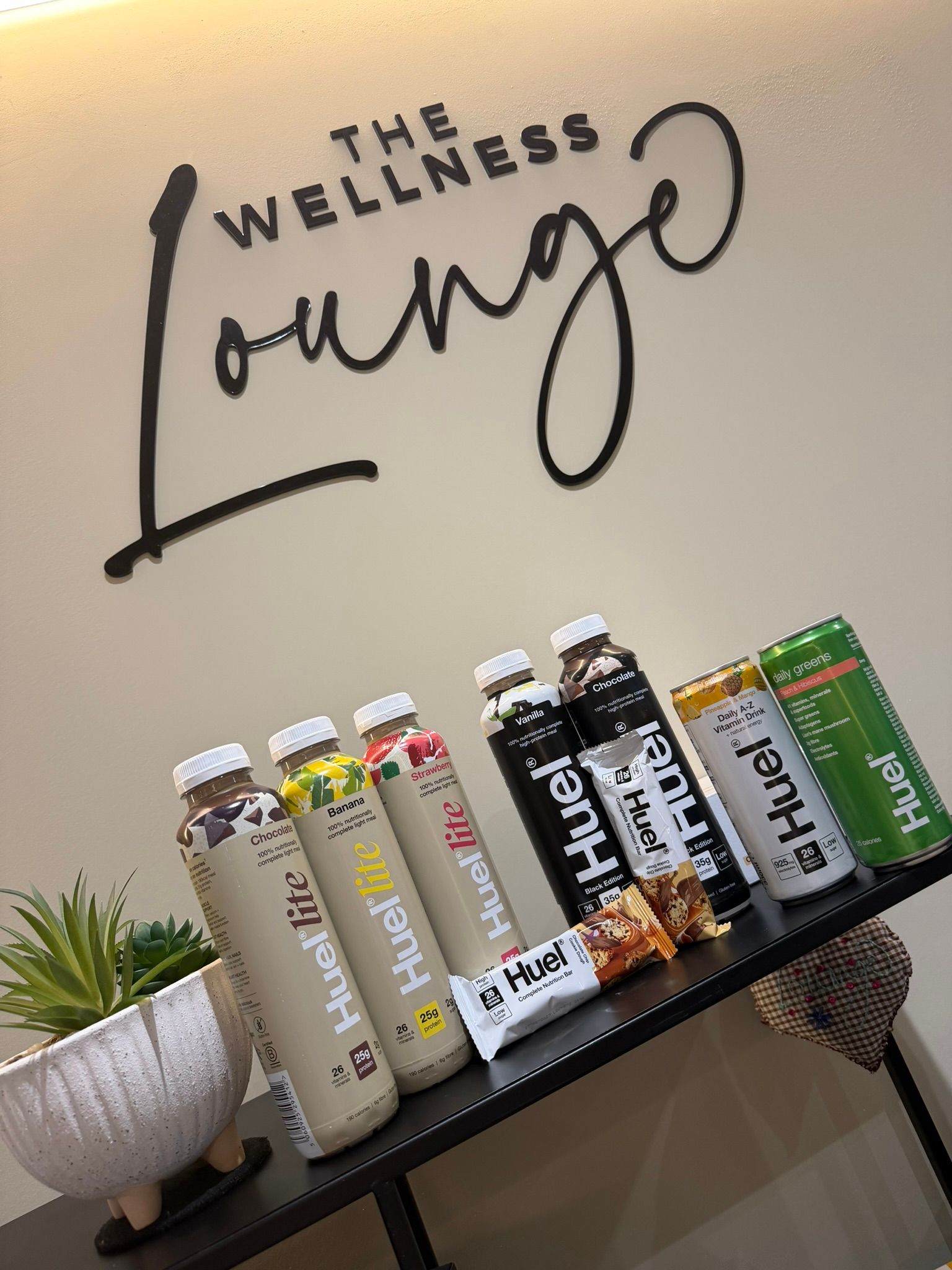 A range of Huel drinks and bars displayed in the Coffee Lounge