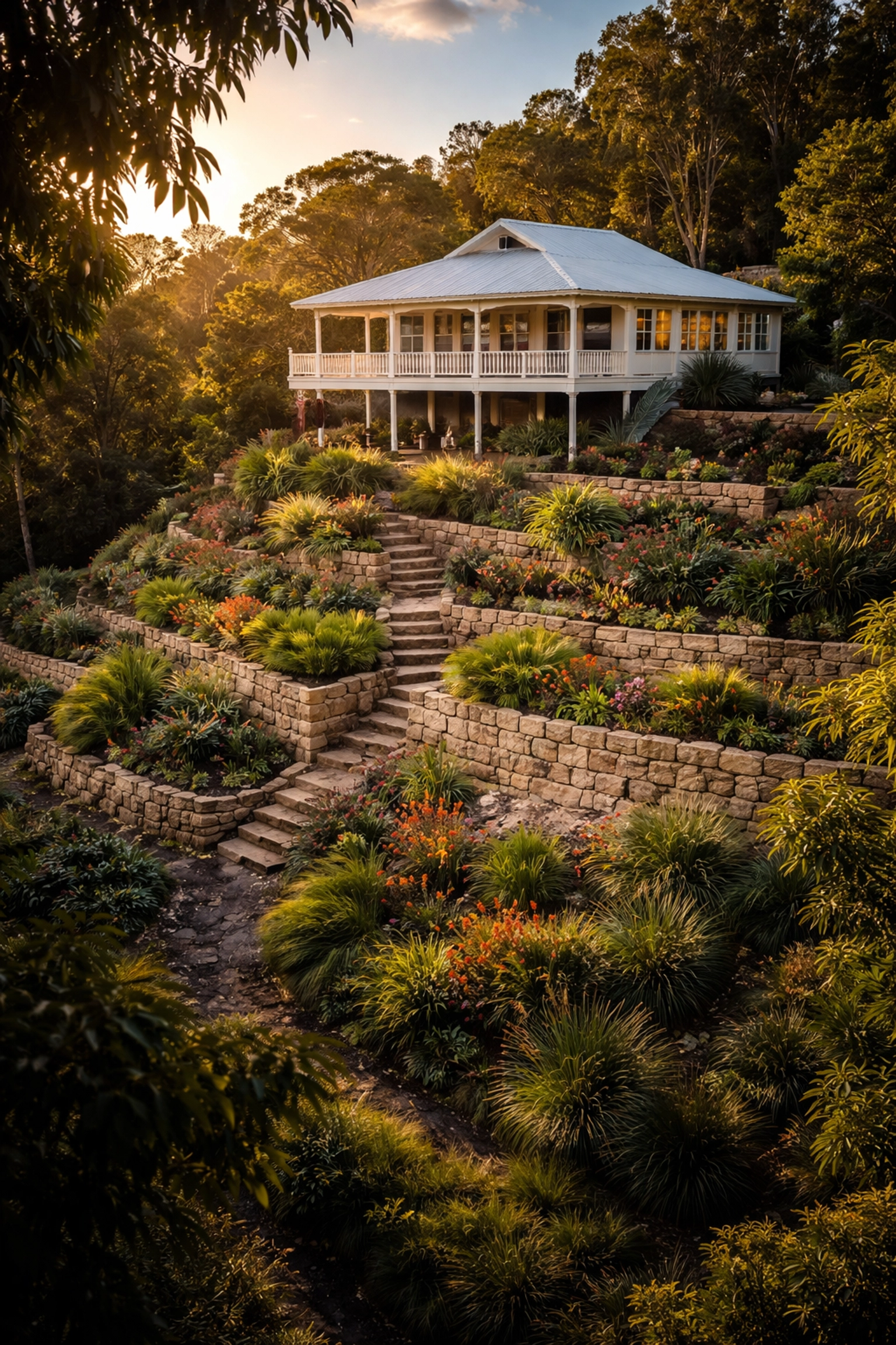 Aerial view of Queenslander home with terraced native gardens and stone retaining walls in Brisbane
