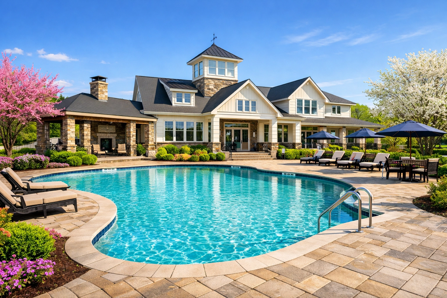 Clean Nashville HOA clubhouse and pool area following professional pressure washing and exterior maintenance services.