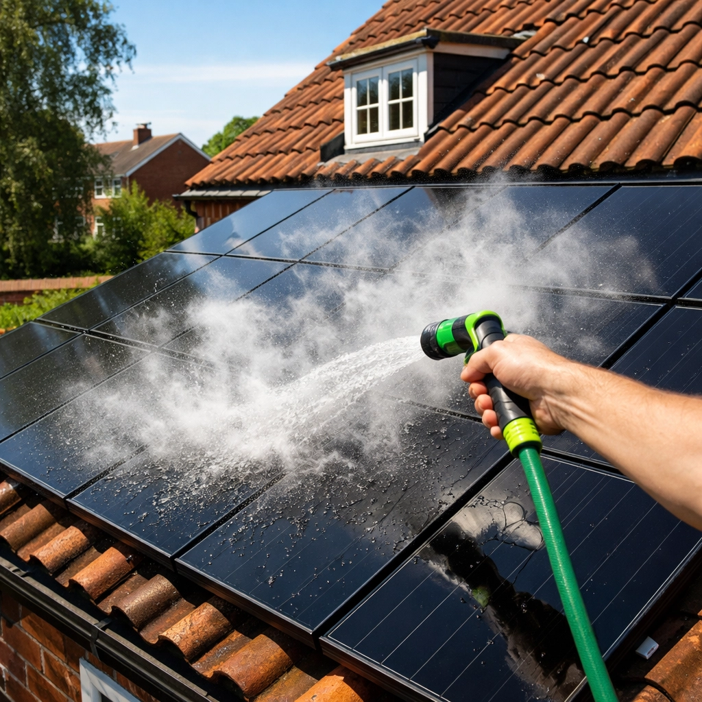 Cleaning hot solar panels with a garden hose on a UK home, showing potential thermal shock risk.