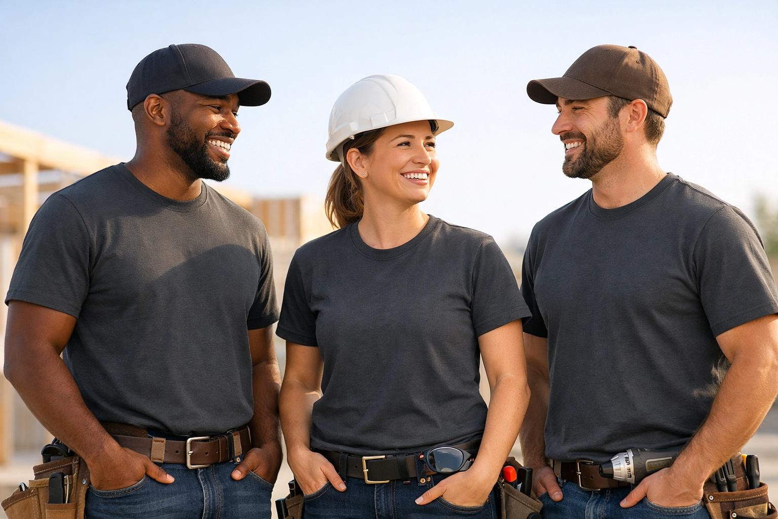Happy trade professionals wearing matching custom screen printed t shirts for construction branding.