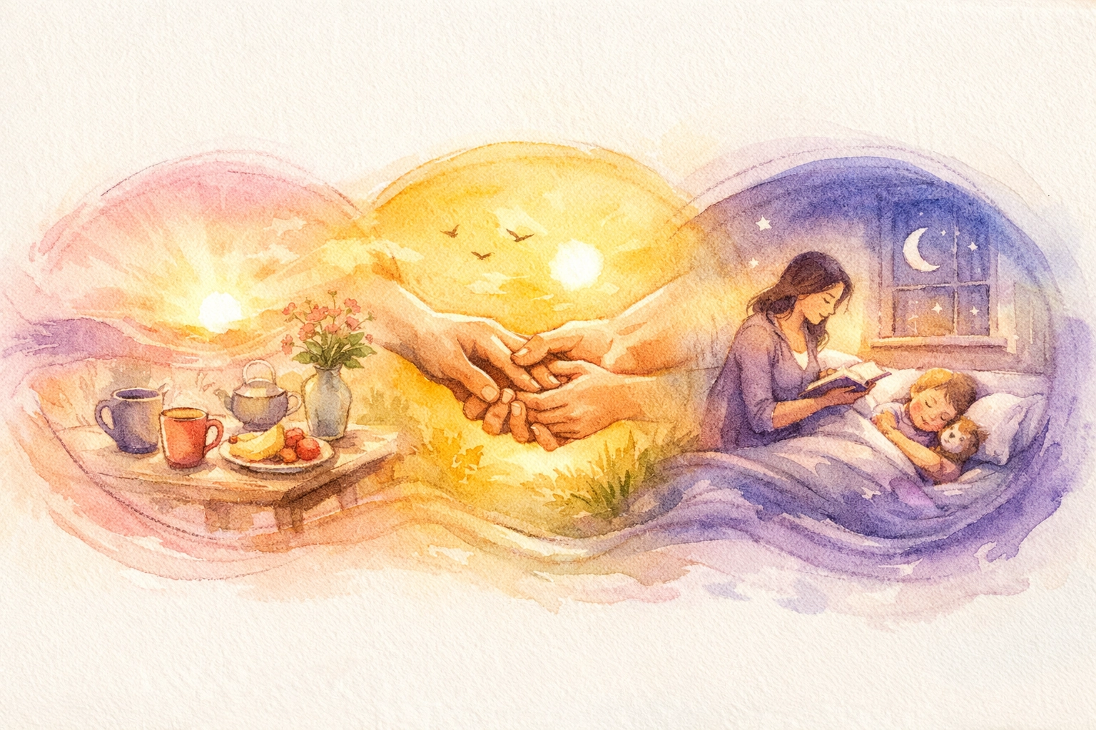 Daily devotional rhythm showing morning, midday, and evening family prayer times