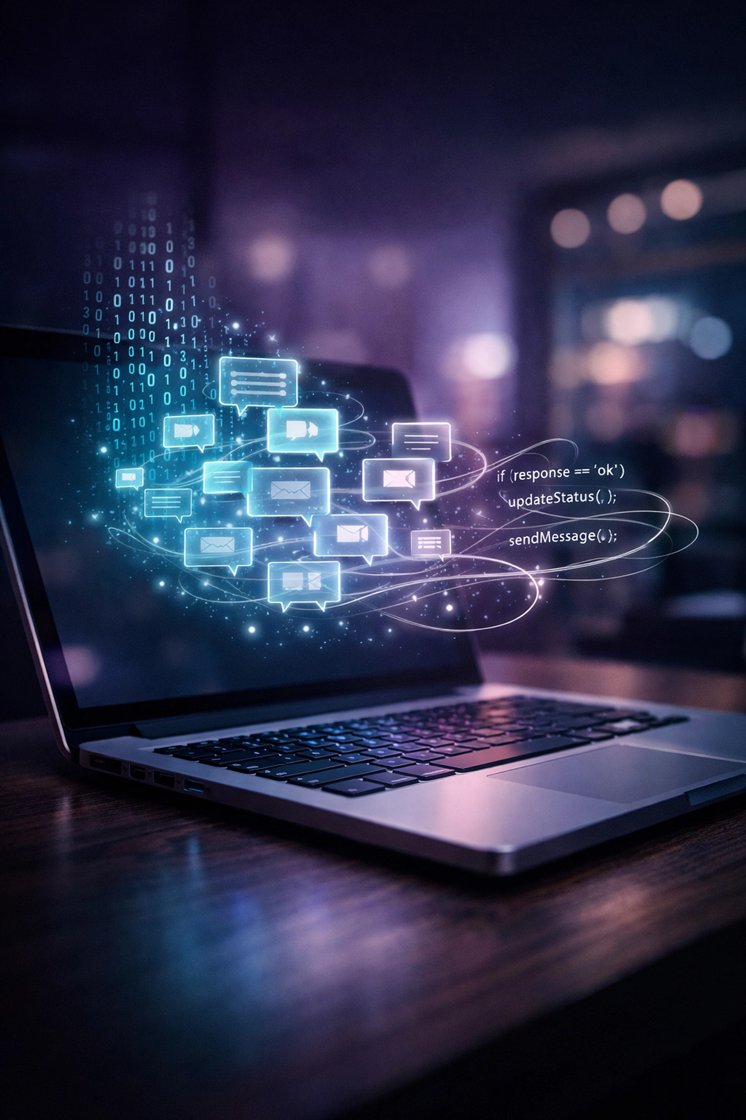 Modern laptop displaying a digital cloud of personalized AI messages for automated business outreach.