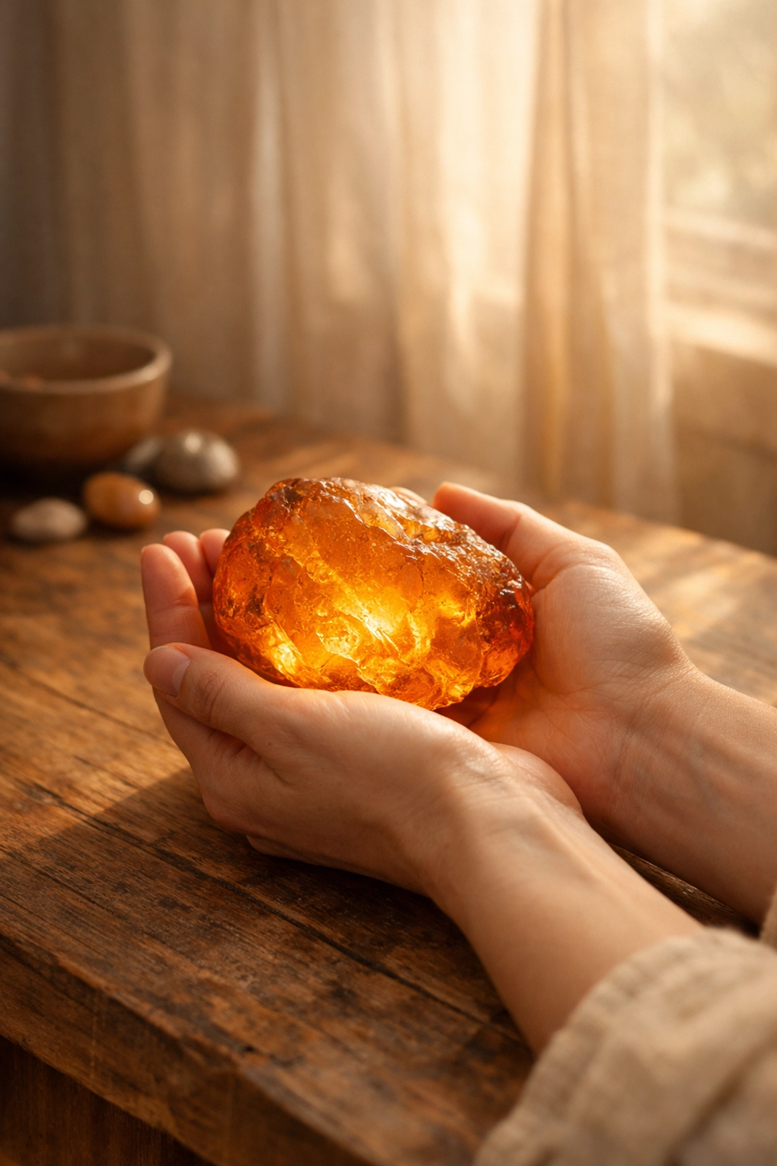 Hands holding a glowing amber stone symbolizing inner value and healing core wounds with the Chiron Effect.