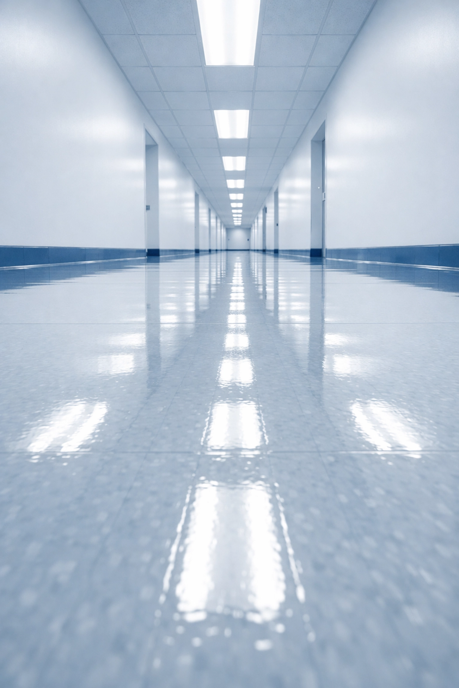 High-gloss waxed commercial corridor floor reflecting overhead lights in a Lawrence business facility.
