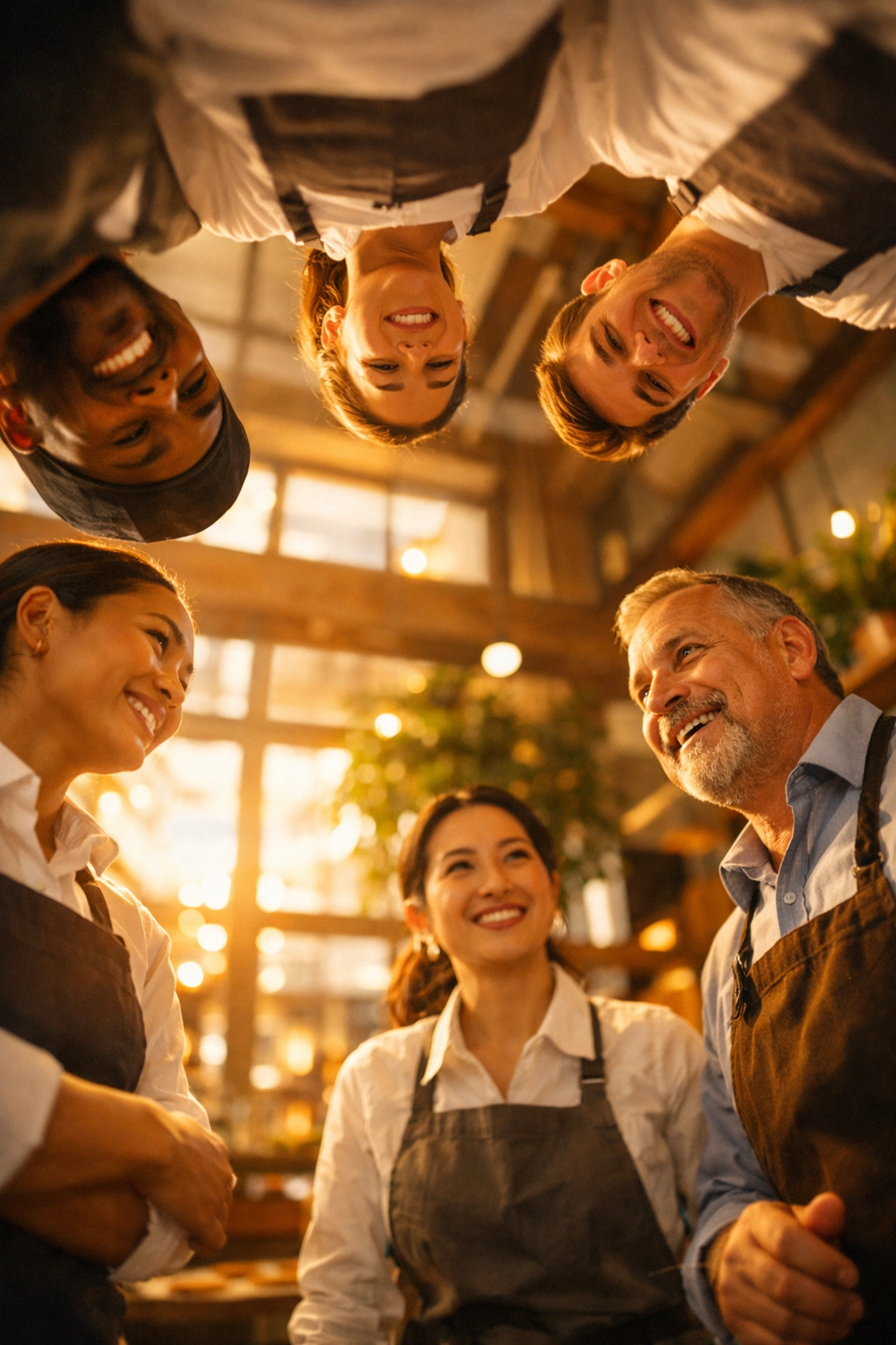 Hospitality team gathered for pre-shift meeting demonstrating enlightened hospitality culture