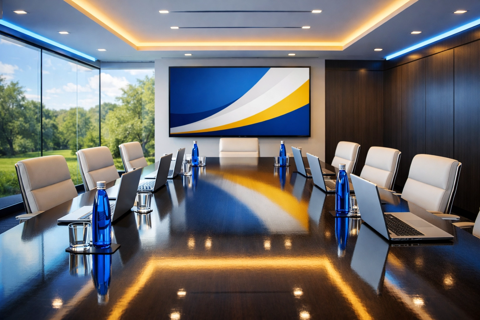 A sanitized and organized modern conference room ready for a professional meeting in Holbrook.