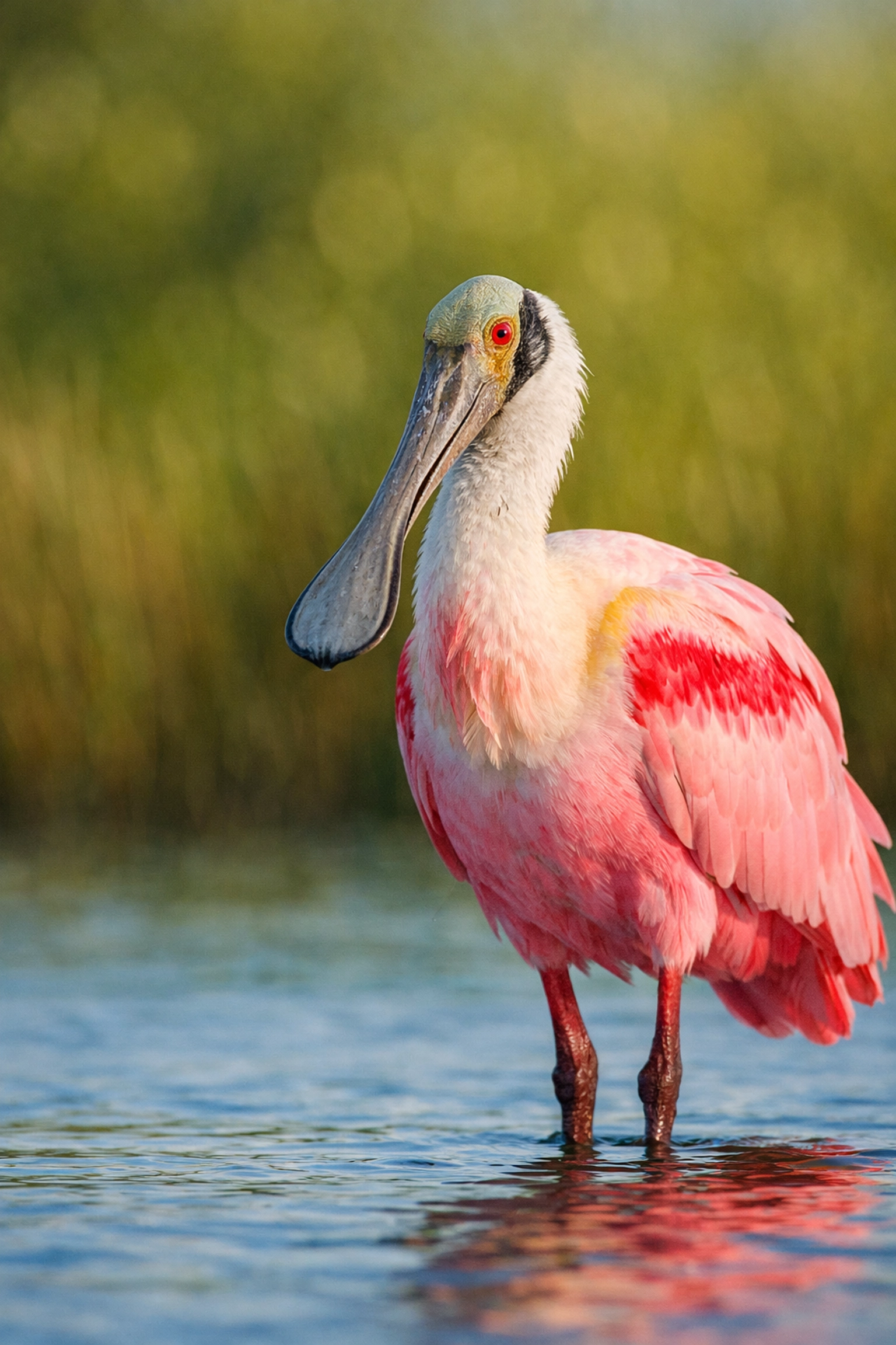 Close-up of a pink Roseate Spoonbill in shallow water, a highlight of Everglades bird photography.