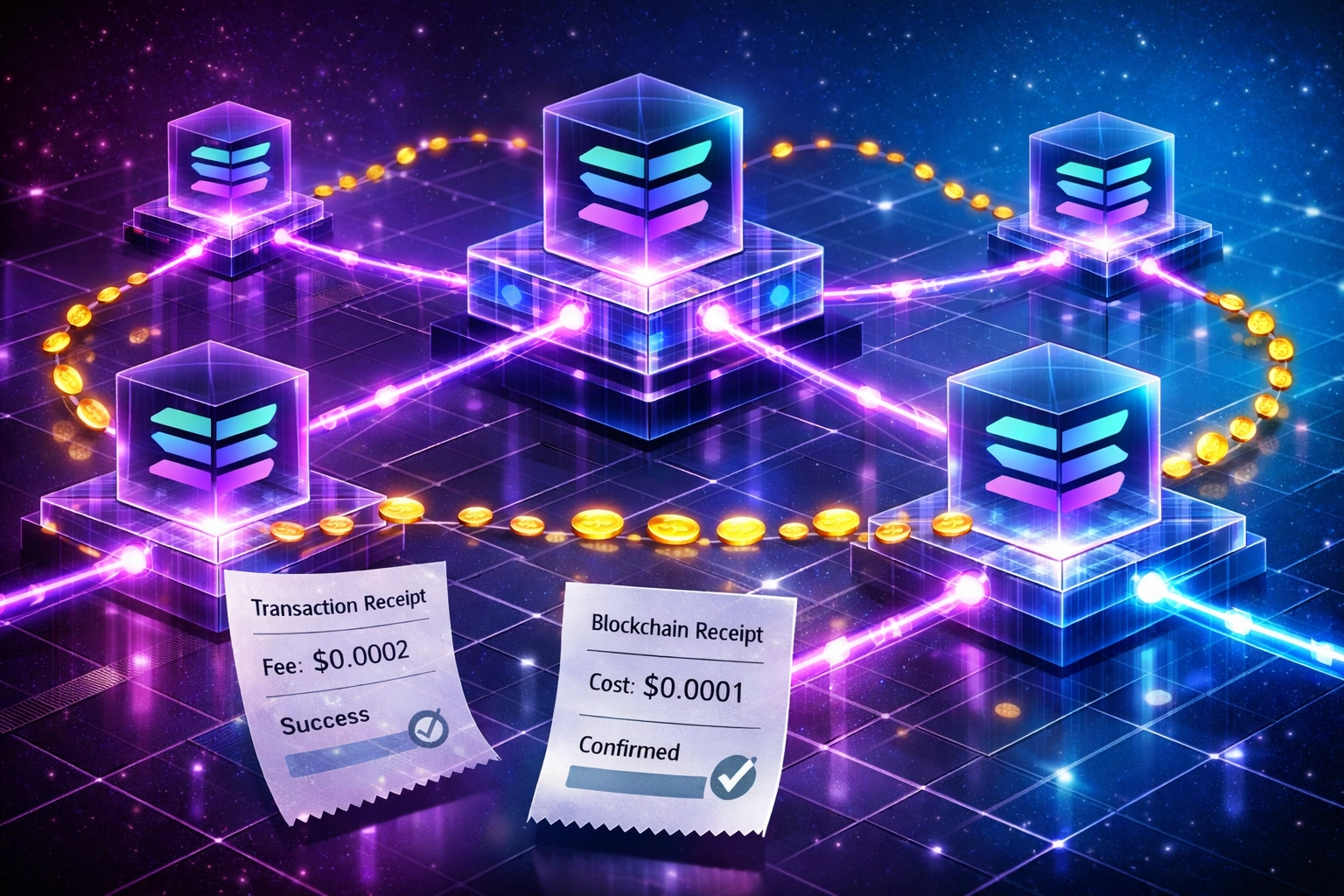 Solana blockchain network visualization showing low-cost gas fees for crypto payment processing