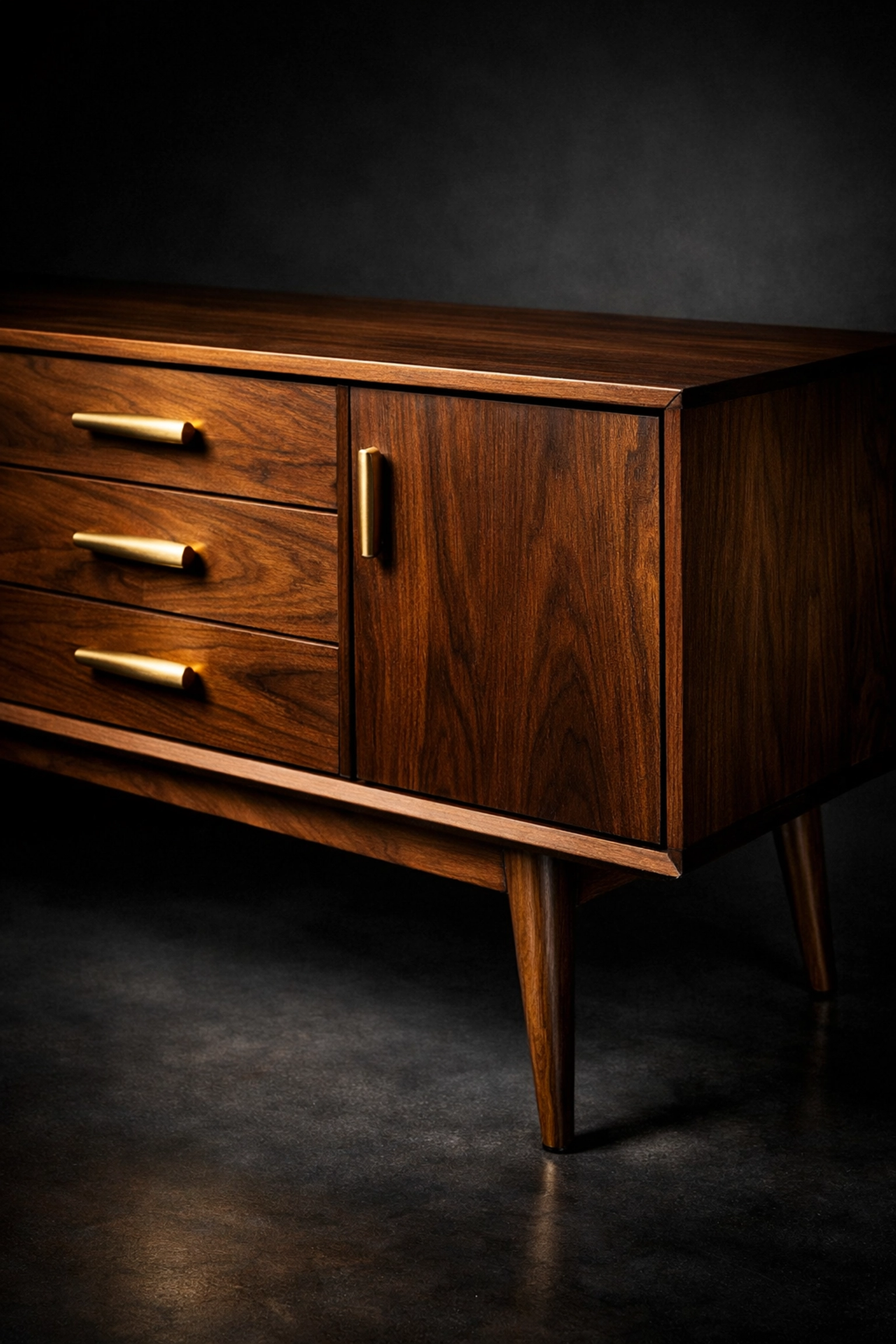 Close-up of a walnut mid-century modern credenza featured in Buckeye Downsizing online auctions Columbus.
