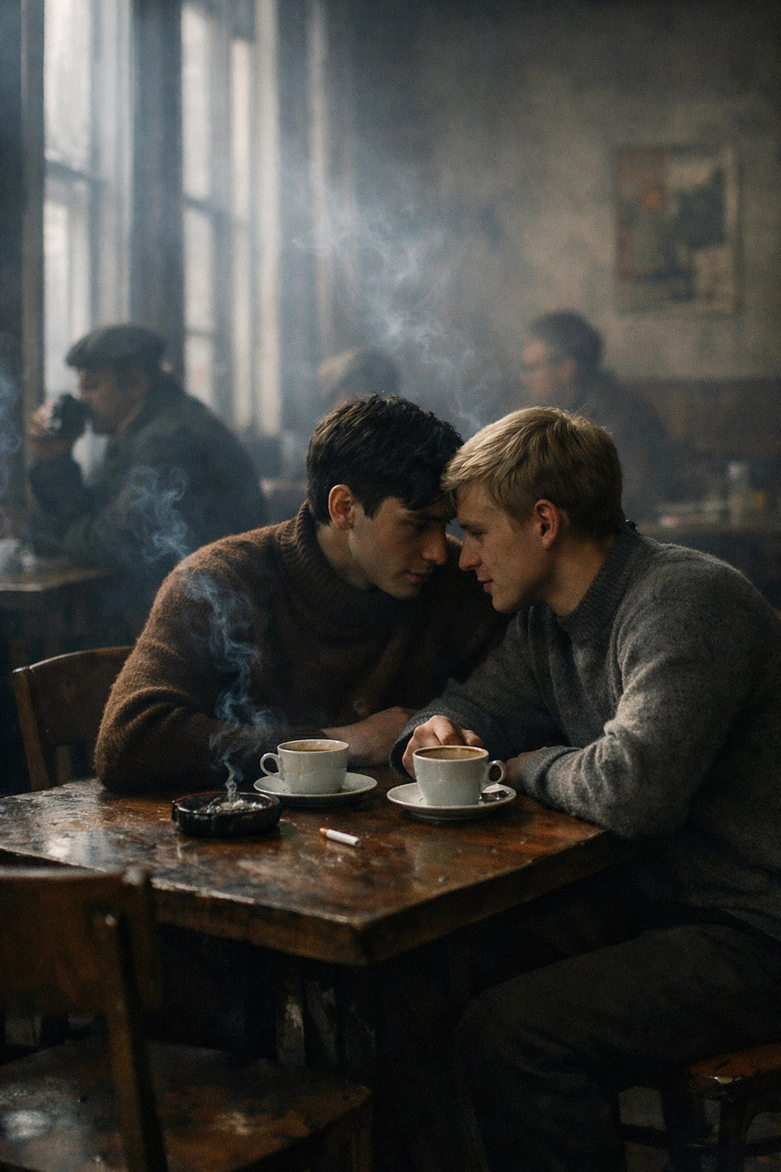 Two gay men meeting secretly at Soviet Leningrad café during 1970s goluboy subculture era