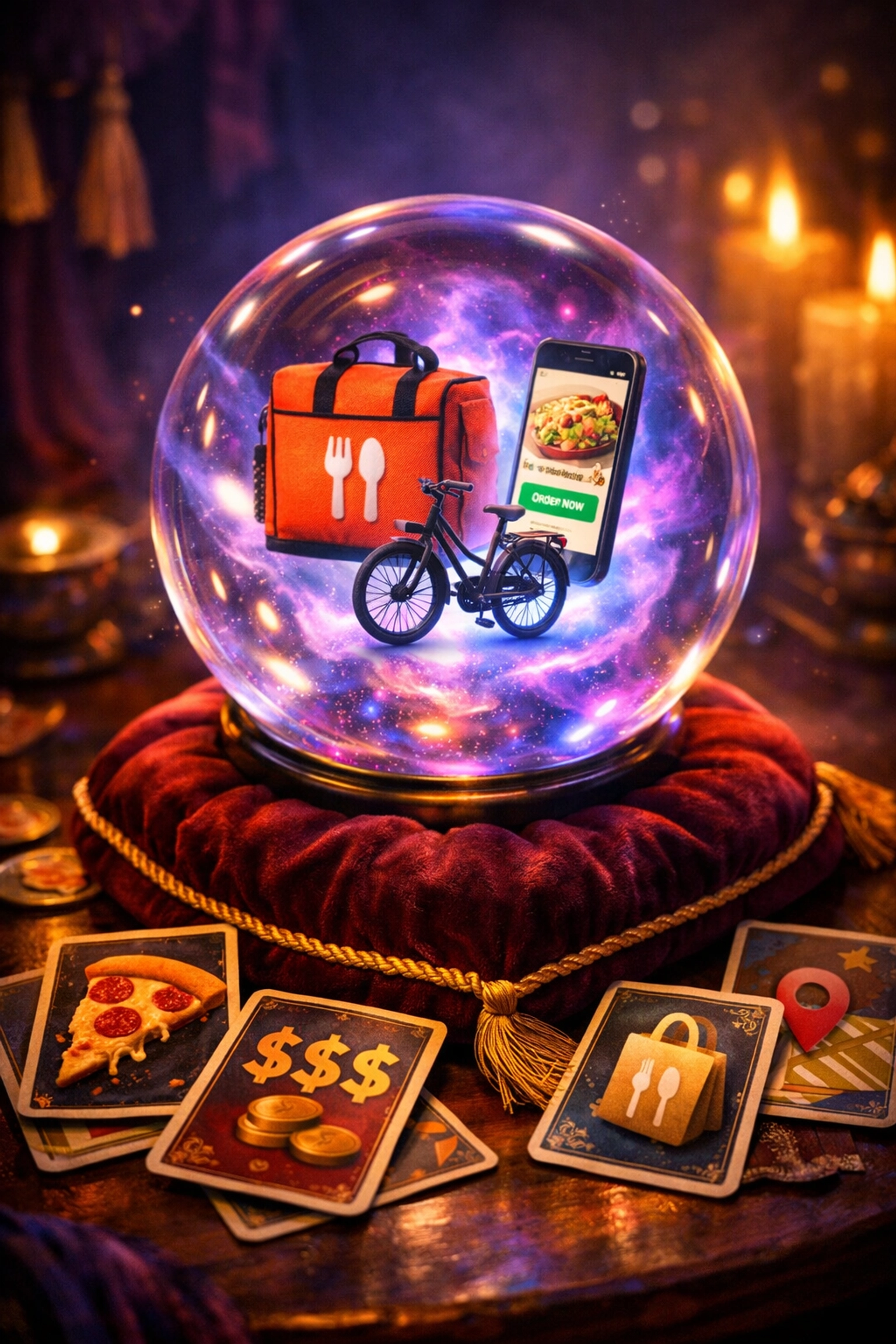 Crystal ball predicting delivery app tipping outcomes with food delivery symbols