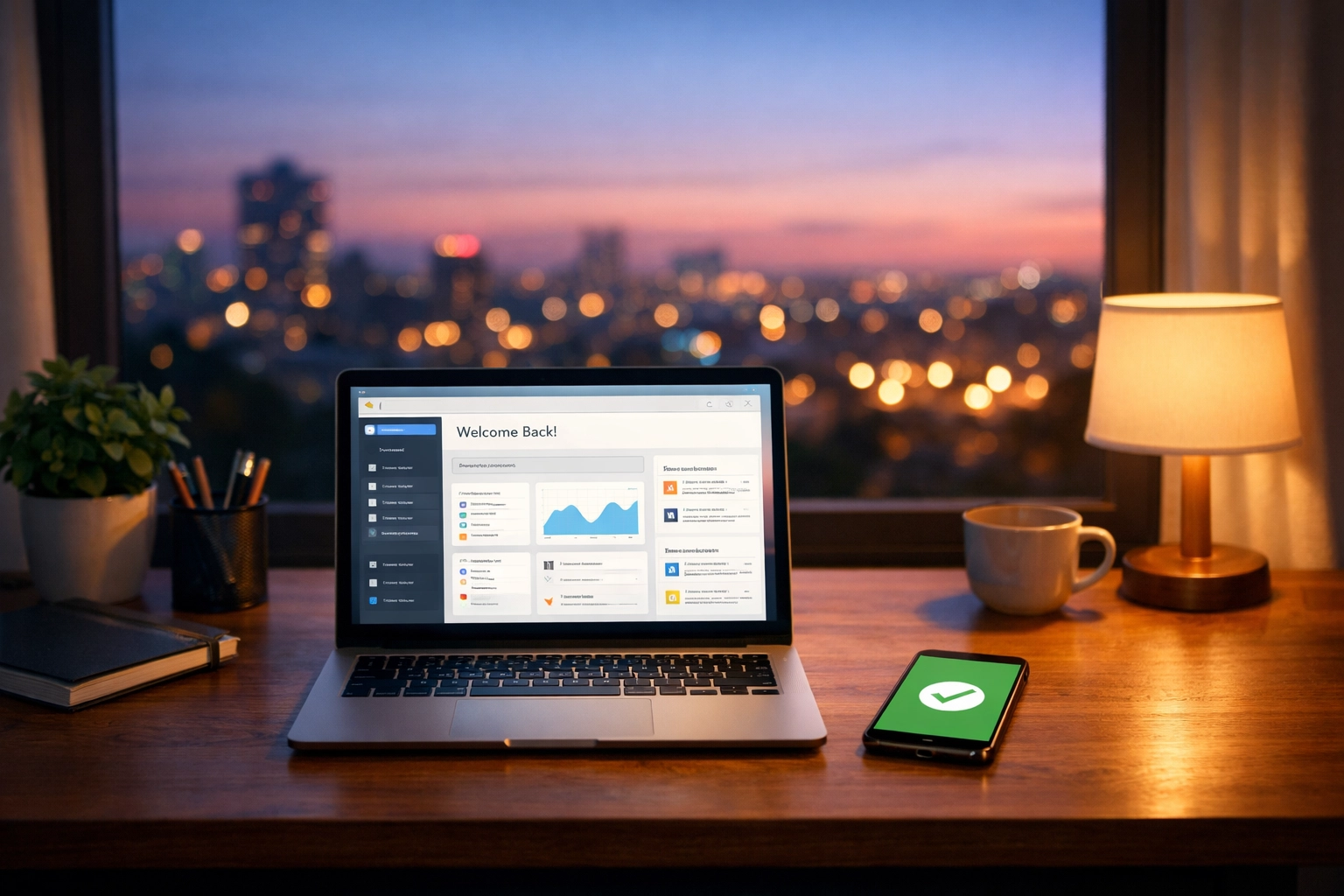 Organized home office desk with a smartphone displaying a successful photography client booking confirmation.