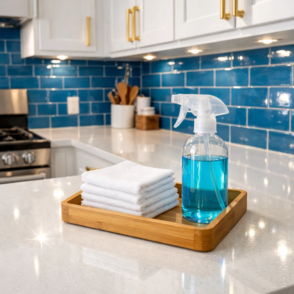 Deep cleaned modern Massachusetts kitchen with white cabinets and eco-friendly cleaning supplies for move-in.