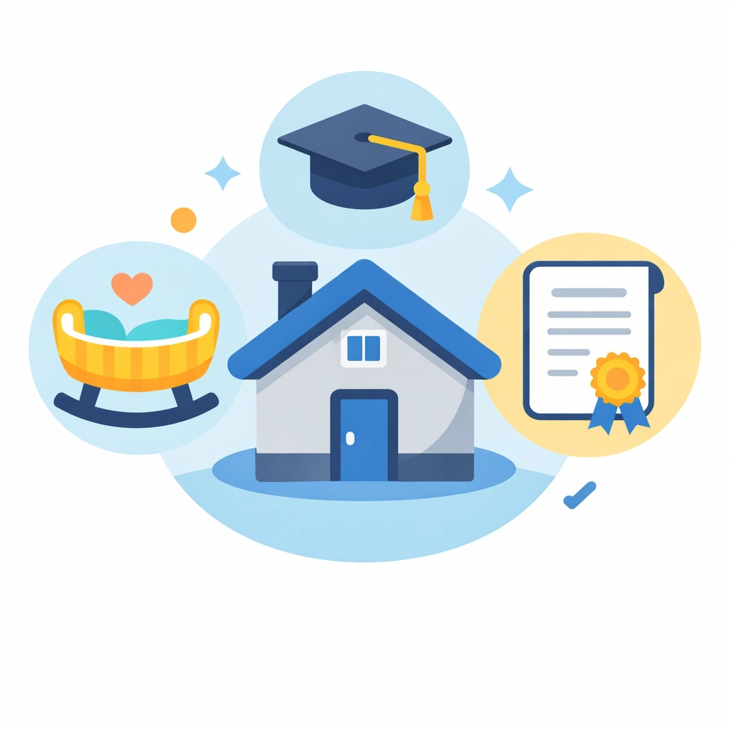 Home and family icons representing 2026 tax credits for adoption, childcare, and estate planning.