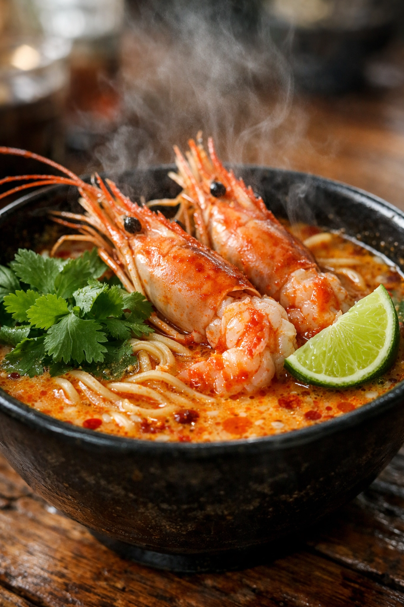 A steaming bowl of Tom Yum Kung noodles, a must-try budget travel food in Bangkok.