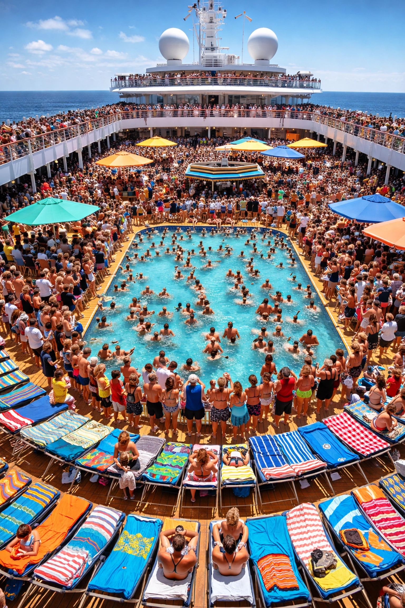 Crowded mega cruise ship pool deck packed with passengers waiting in lines on a sunny day