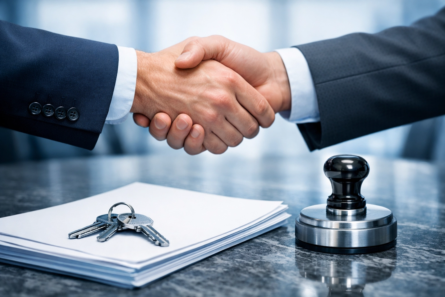 Handshake over closing documents and keys, finalizing the sale of a property management company.