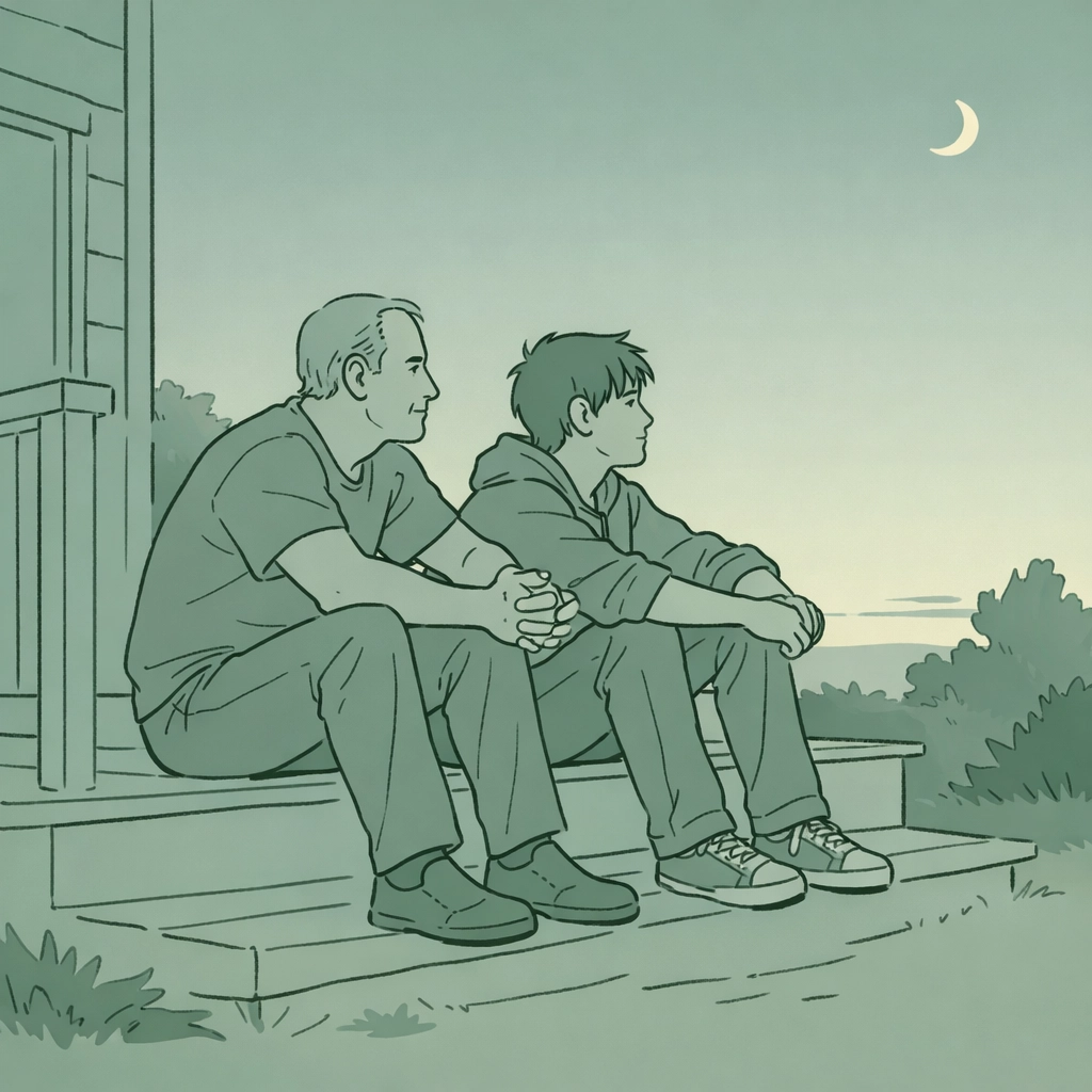 Step-father and teen son sitting together at dusk in supportive LGBTQ+ blended family moment