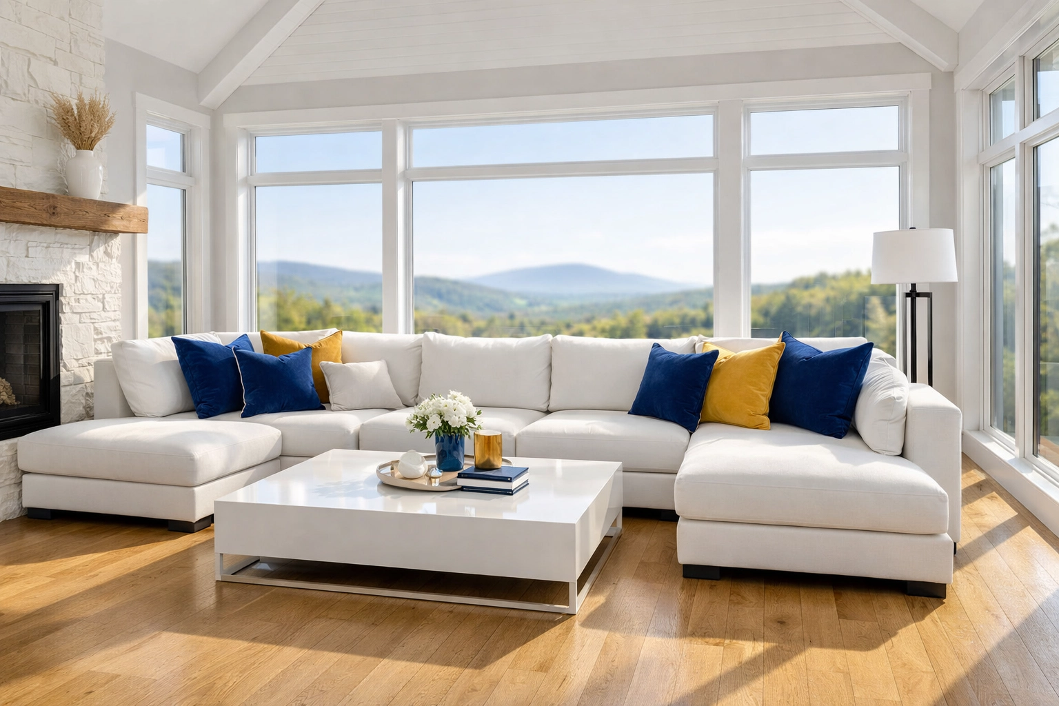 Sunlight fills a spotless living room after a weekly house cleaning in New Braintree, MA.