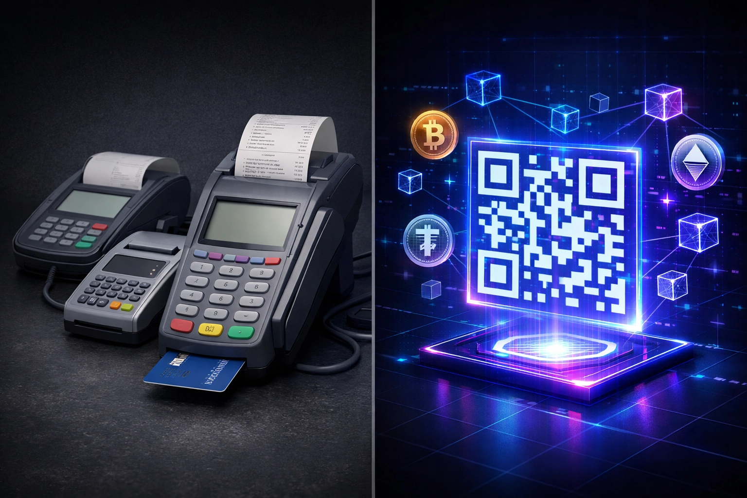 Traditional payment terminal compared to crypto QR code payment with blockchain technology