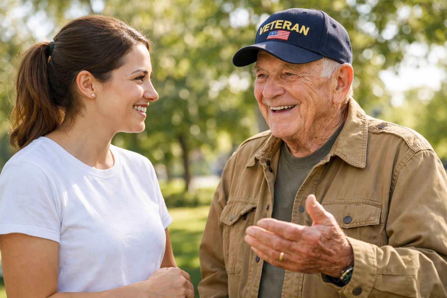 A volunteer and veteran in a park, representing Pledge Allegiance veterans initiatives and community support.