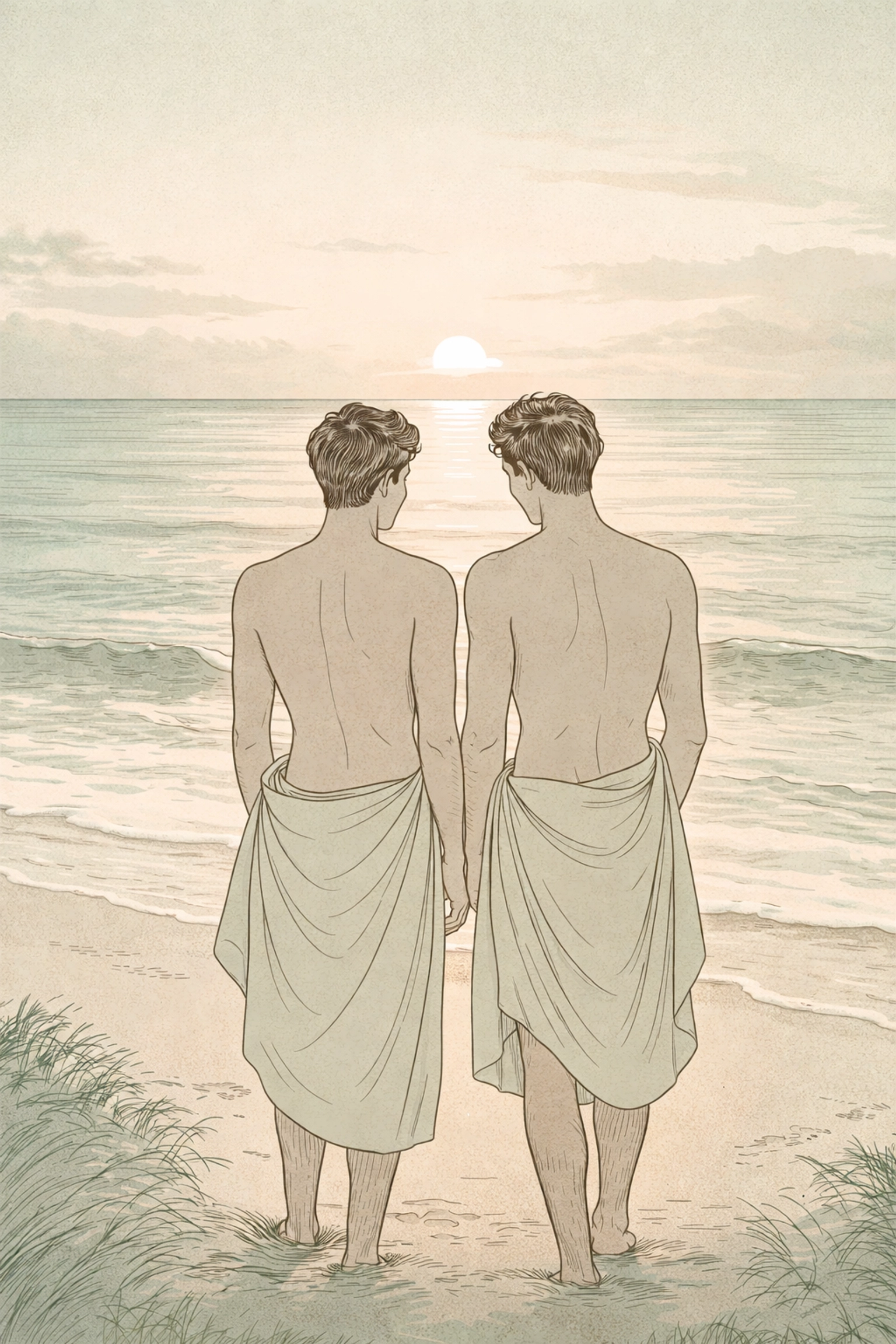 Two men standing on a quiet beach at dawn, embodying vulnerability and authentic connection in queer fiction.