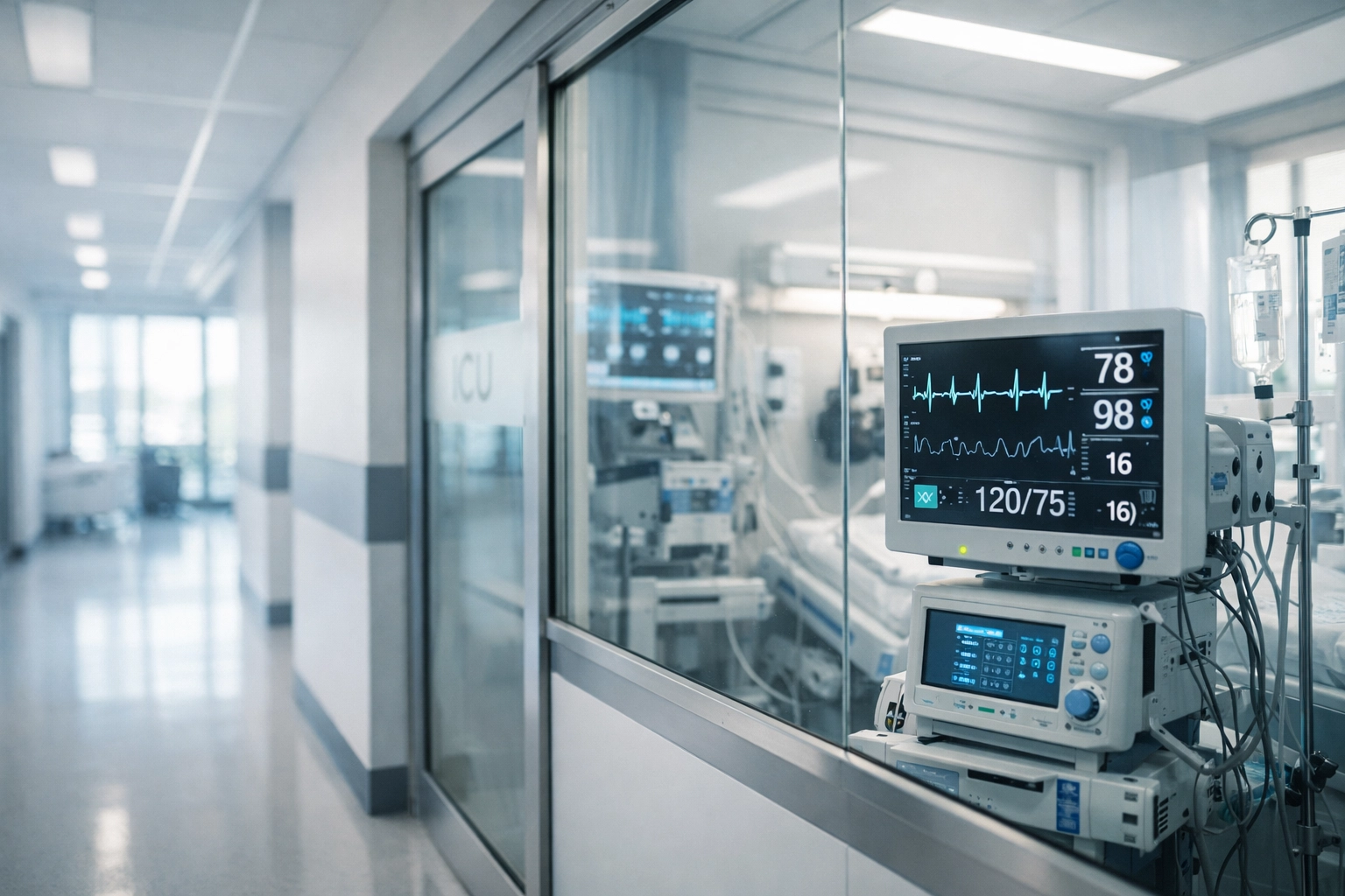 Modern ICU with monitoring equipment visible through glass walls showcasing high-acuity safety features