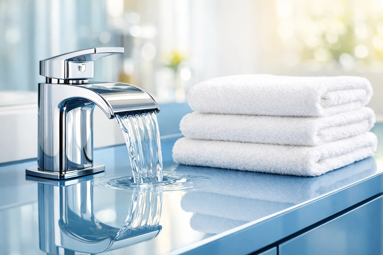 Streak-free chrome faucet in a luxury Dover bathroom showing the high standard of a professional cleaner.