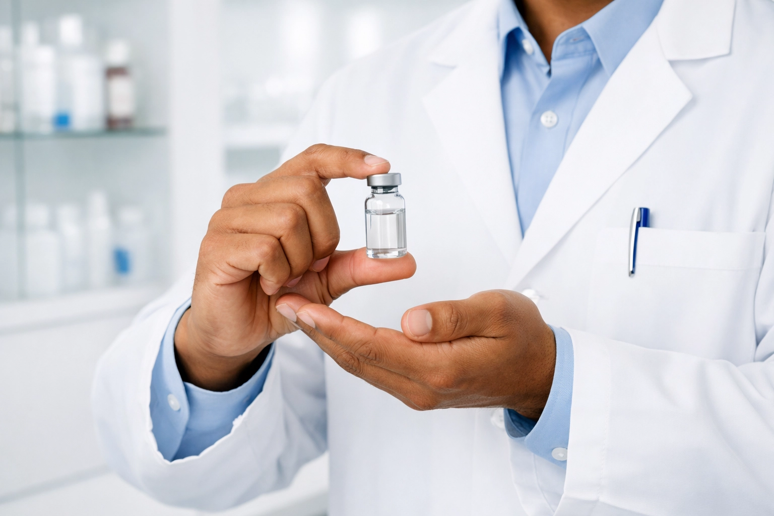 Pharmacist holding a medication vial in a clinical setting representing compounded Tirzepatide in California.