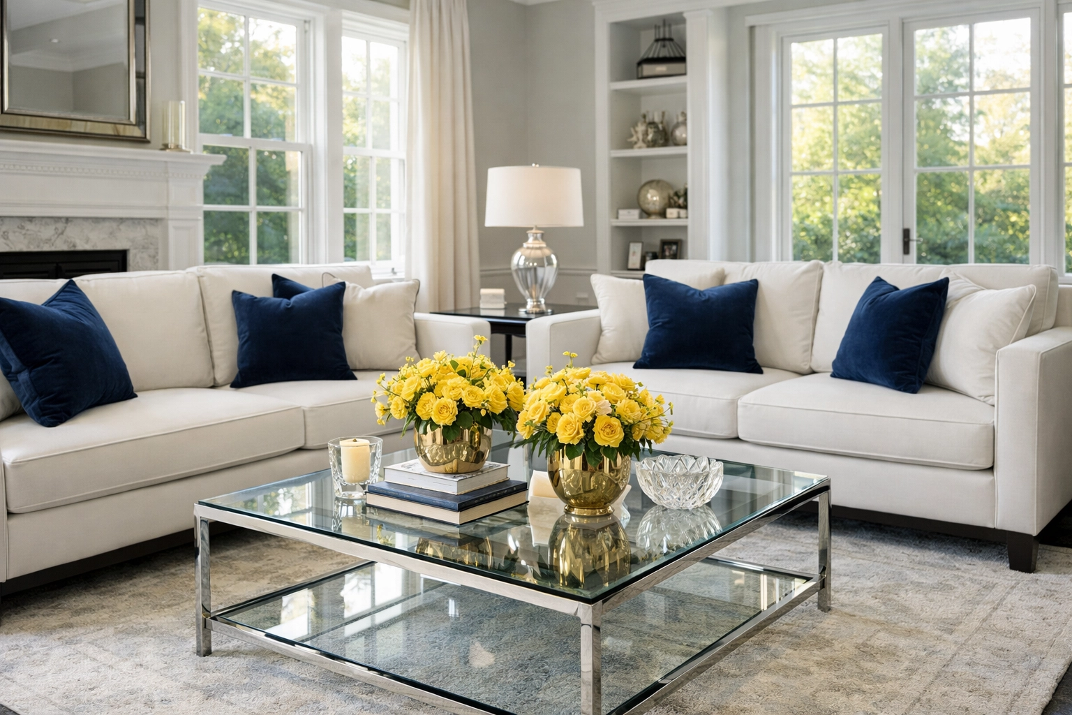 A serene and professionally cleaned living room in a Newton residence with dust-free surfaces and windows.