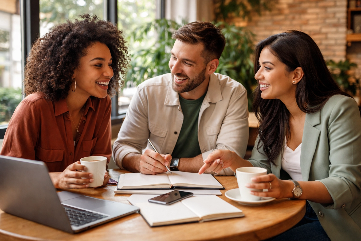 Diverse entrepreneurs collaborating in a modern café, discussing new startup ideas and solutions